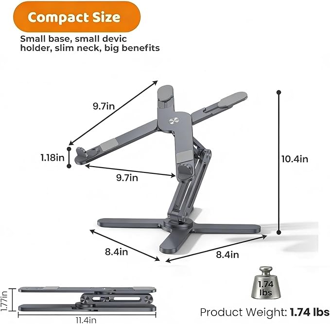 Moallia Laptop Stand with 360 Rotating Base, Computer Notebook Laptop Riser Metal Holder for Desk Collaborative Work, Fully Foldable for Easy Storage, Fits All MacBook, Laptops up to 16 inches, Grey