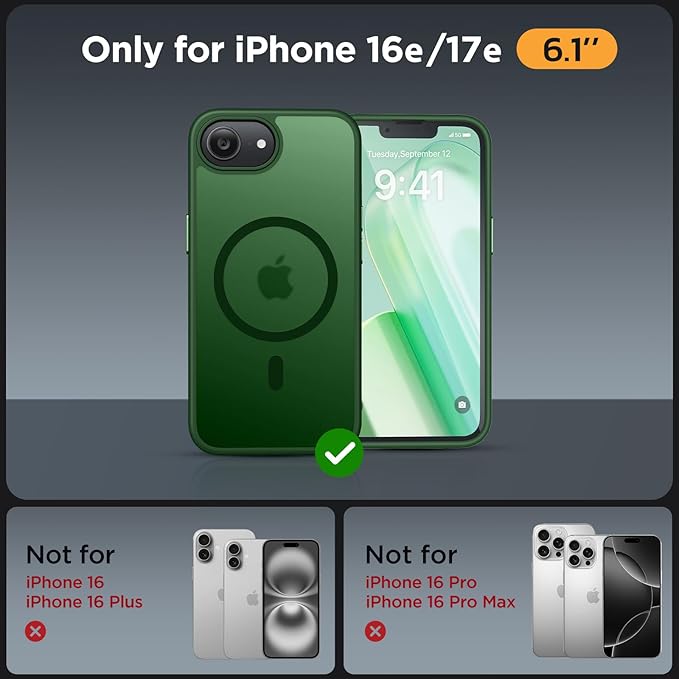 Miracase for iPhone 16e case & iPhone 17e Case for MagSafe [with 2×9H+ Screen Protectors] TOP Military-Grade Protection Shockproof with Velvet Touch for iPhone 16e/17e Phone Case 6.1", Dark Green