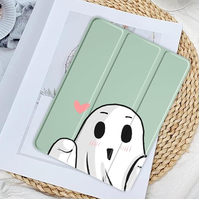 JOYLAND Cute Funny Ghost Pattern Case for iPad Pro 13-inch (M4) 2024, Clear Acrylic Hard Back Green Case with Pencil Holder Trifold Stand Tablet Cover (Model Number:A2925/A2926/A3007)