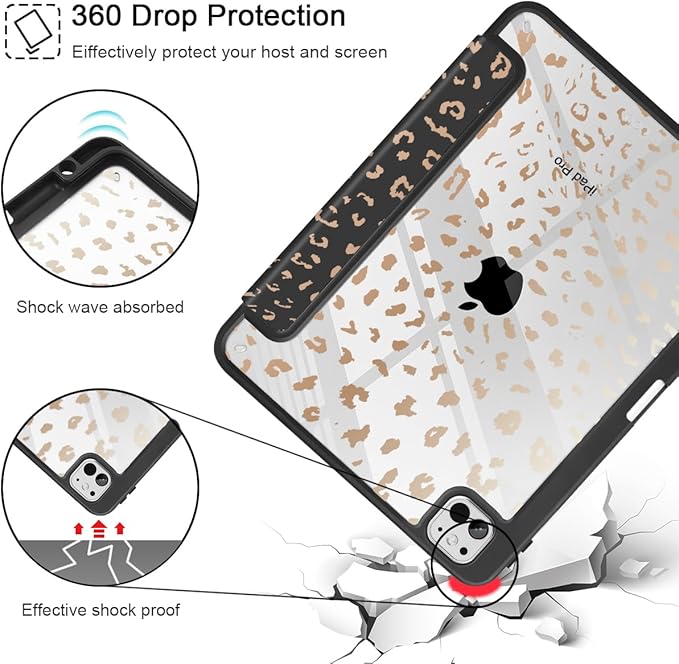 May Chen for iPad Pro 13 Inch Case M5 2025 / M4 2024, Built Pencil Holder & Clear Transparent Print Back Shell Slim Stand Shockproof Tablet Cover, Auto Wake/Sleep, Leopard Print
