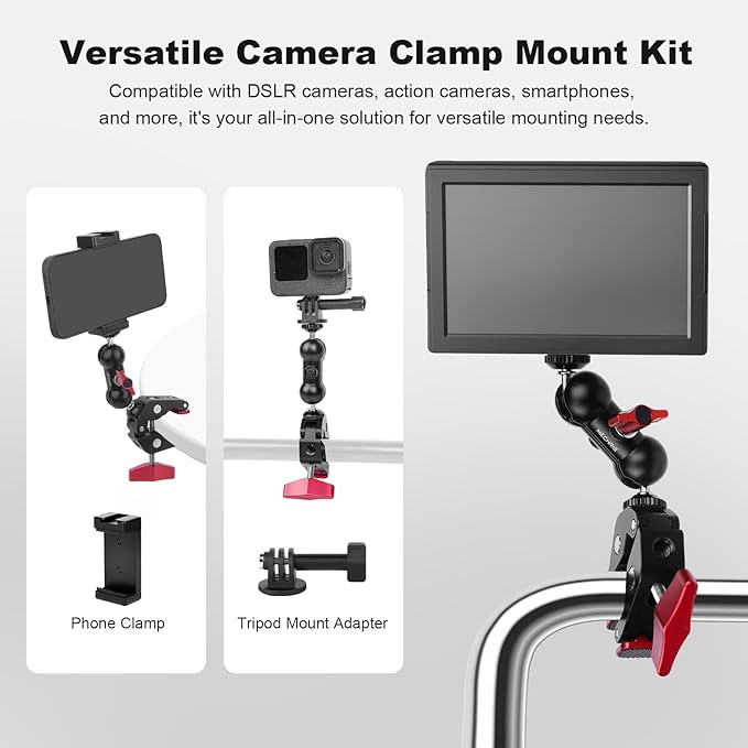 Super Clamp with Dual Ballhead Magic Arm, Aluminum Camera Clamp Mount Kit for DSLR Action Camera/Phone/Monitor/Video Light/Microphone, Camera Mount for Tripod/Desk/Tube (SY006)