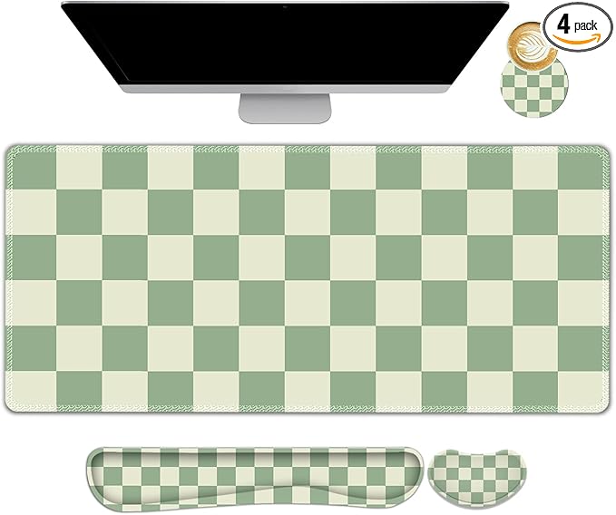Large Gaming Mouse Pad Set, 4 in1 Ergonomics Keyboard Desk Mat with Memory Foam Wrist Rest, Extended Game Mousepad, Non-Slip Desk Pad Matt Easy Typing Pain Relief I Green Checkered