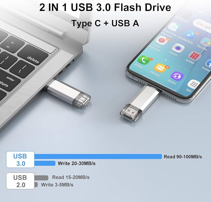 RAOYI 256GB USB C Flash Drive, 2 in 1 USB 3.0 Type C Dual OTG Metal Thumb Drive Jump Drive Memory Stick with Keychain Suitable for USB-C Smartphones, MacBook, Computers and Tablets (Silver)