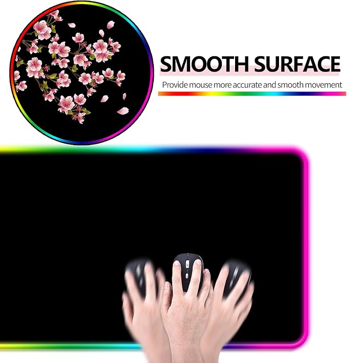RGB Japanese Cherry Blossom Gaming Desk Mat, Computer Keyboard Large Extended Flowers LED Mouse Pad for Office and Home, 31.5×11.8 Inches, XL, Black