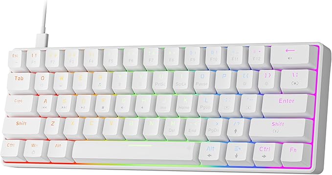 Newmen GM611 Mechanical Keyboard,Rainbow LED Backlit Gaming Wired Keyboards Compact Mini 61 Keys Portable 60 Percent Mechanical Keyboard with White Keycaps,for Windows Laptop PC Linear Red Switches