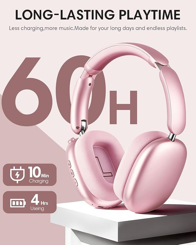 Wentronic Y02 Active Noise Cancelling Headphones, Wireless Over-Ear Bluetooth 5.4 Headphones, Multiple Modes, 60H Playtime, Hi-Res Audio, Big Bass, Foldable Lightweight for Travel Home Office, Pink