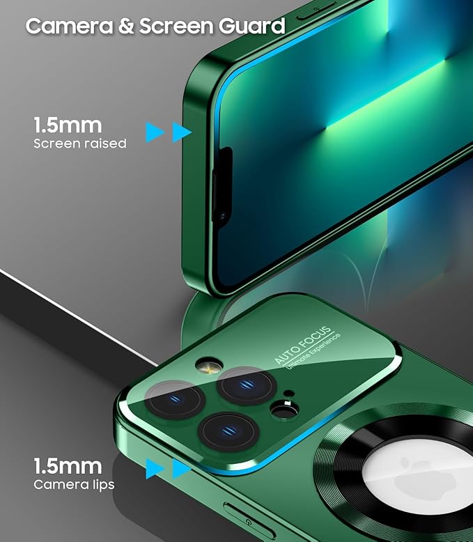 MAKAVO Magnetic for iPhone 13 Pro Max Case, Compatible with MagSafe, Built-in Camera Lens Protector, Logo View, Military Grade Drop Proof Phone Case Cover, Dark Green