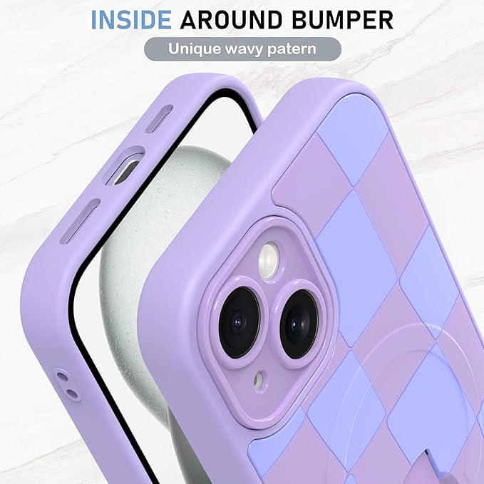 KANGHAR Compatible with iPhone 15 Case, Support for MagSafe, Silicone Checkered Cute Pattern, Wristband Kickstand Camera Protection Soft Slim Cover for Girls Women -Purple