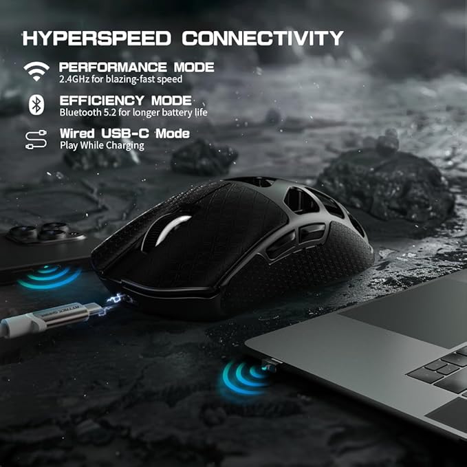 FELICON x Attack Shark R3 Magnesium Alloy Wireless Gaming Mouse, 46g Ultra-Lightweight Skeletal Shell, PAW3395 26K DPI, 8K Polling, Tri-Mode 2.4G/BT/Wired, for PC Mac Laptop - Black & Griptape