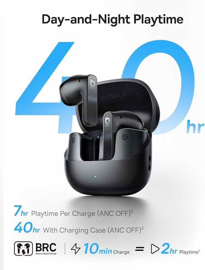Baseus BS1 NC Semi-in-Ear Noise Cancelling Earbuds with Adaptive Hybrid ANC, No Ear Pressure, Hi-Res Audio (LDAC), 40H Playtime, 4g Ultra-Lightweight Fit, 6-Mic AI Clear Call