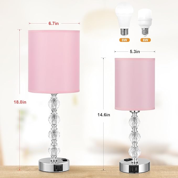 Touch Bedside Crystal Lamps for Bedrooms Nightstand with USB C+A Charging Port and AC Outlet White, 3 Way Dimmable Silver Large End Side Table Lamp for Living/Guest/Dinning Room/Kitchen
