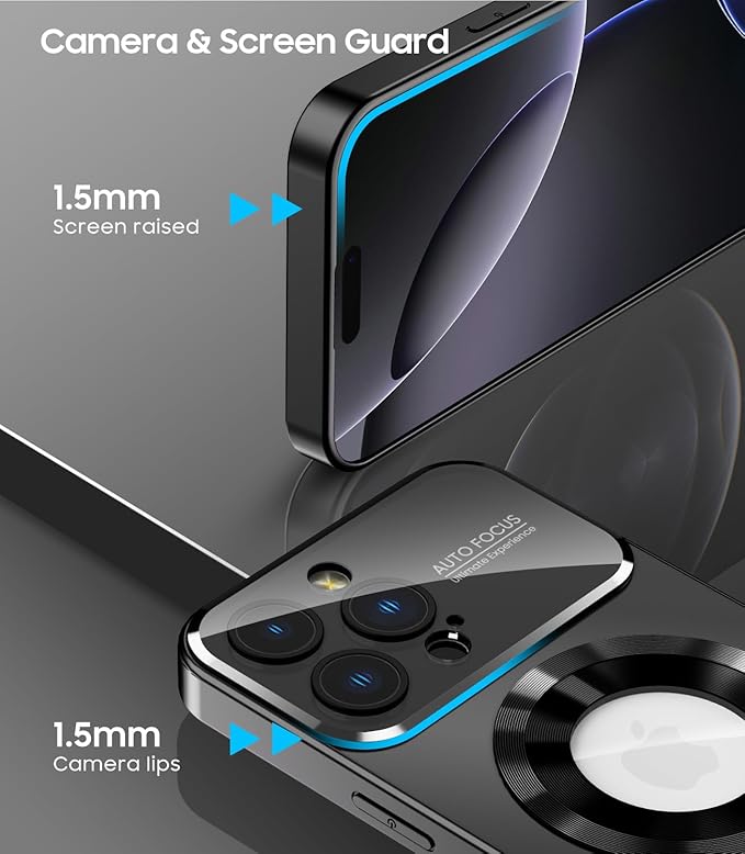 MAKAVO Magnetic for iPhone 16 Pro Max Case, Compatible with MagSafe, Built-in Camera Lens Protector, Logo View, Military Grade Drop Protection Phone Cover, Black