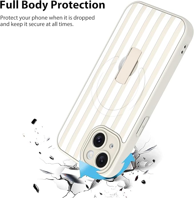 KANGHAR Compatible with iPhone 15 Case, Support for MagSafe, Silicone Stripes Cute Pattern, Wristband Kickstand Camera Protection Soft Slim Cover for Girls Women -White