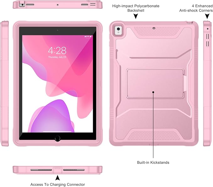 Soke Case for iPad 6th/5th Generation 9.7 Inch 2018/2017,with Built-in Screen Protector and Kickstand, Rugged Full-Body Heavy Duty Protective Cover for Apple iPad Air 2 /Pro 9.7 - Pink