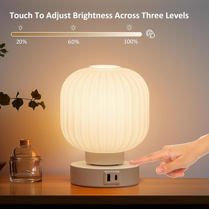 Elenhome Touch Bedside Glass Table Lamp Set of 2 with 3 Way Dimmable Light, Small Table Lamps with USB C+A Charging Ports - Bedroom Nightstand & Living Room Essential, Bulb Included