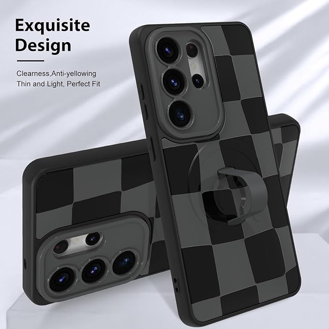 KANGHAR Compatible with Samsung Galaxy S26 Ultra Case, Support for MagSafe, Silicone Checkered Cute Pattern, Wristband Kickstand Camera Protection Soft Slim Cover for Girls Women -Black