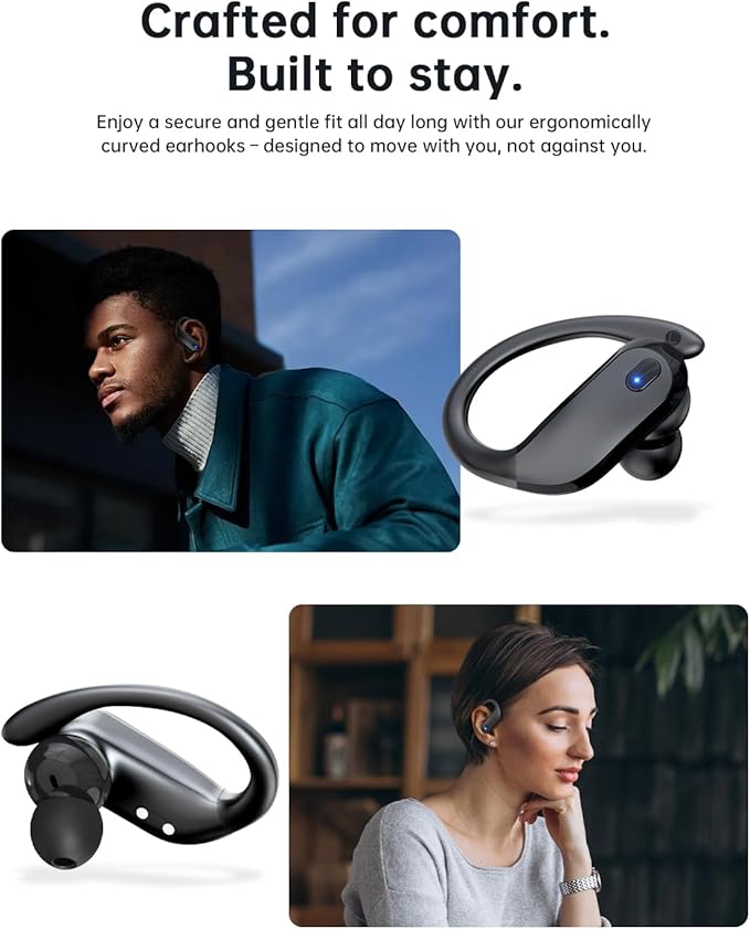 Wireless Earbuds,Bluetooth 5.4 Ear buds,Sport Headphones with Earhooks,IPX7 Waterproof Bluetooth Headphones,80H Playtime Earbuds,Weight 7.8g,Noise Cancelling Mic for Earphones Running & Workout-Black