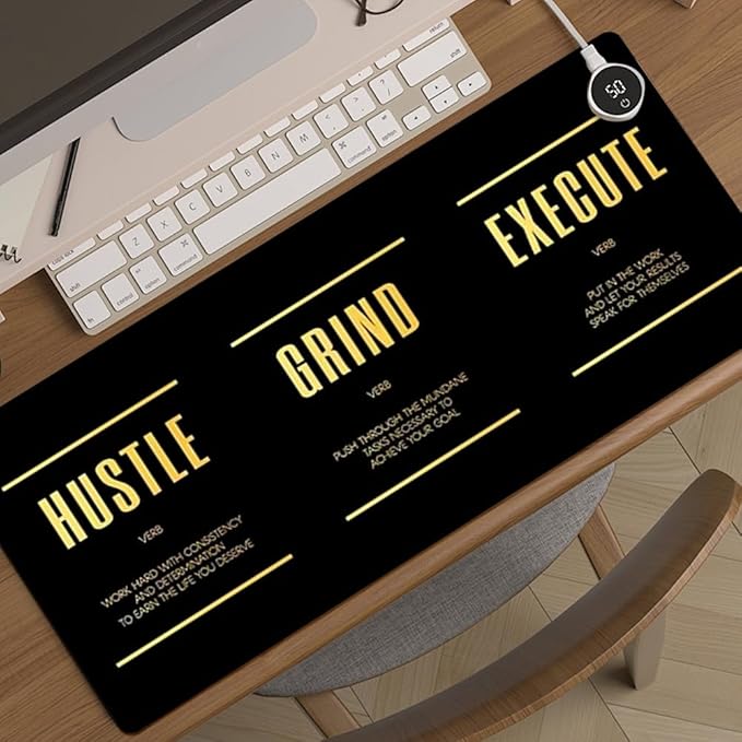 Black Gold Hustle Grind Execute Keyboard Mat Positive Saying Mousepad Office Long Mouse Pad Motivational Desk Pad Mouse Mat for Desktop Gamer Guy Boys Mens Office Accessories 31.5"x15.7"