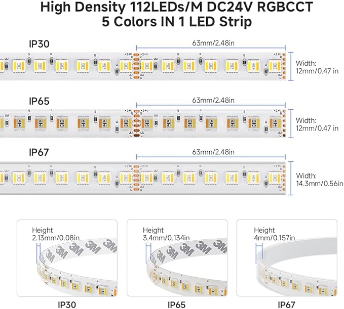BTF-LIGHTING Highest Density RGBCCT 5 Colors in 1 LED 5050SMD RGB+ Tunable Color Temperature 2700K-6500K 16.4ft 112LEDs/m DC24V Multi-Colored IP30 12mm Width White LED Tape(No Adapter or Controller)