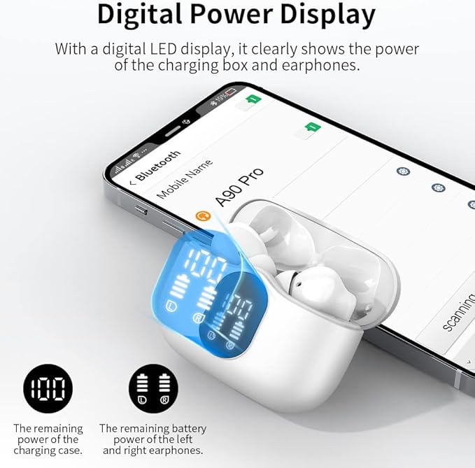 Btootos Wireless Earbuds Bluetooth 5.4 Headphones Bass Stereo Ear Buds with Noise Cancelling Mic LED Display in Ear Earphones IP7 Waterproof 36H Playtime for Laptop Pad Phones Sports Workout White