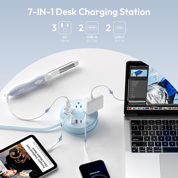 NTONPOWER Blue Travel Power Strip 20W, Travel Essentials, Cruise Essentials 3 Outlets 4 USB Ports(2 USB C), 4FT Wrapped Around Extension Cord for Travel Cruise Ship Beach Vacation Essentials