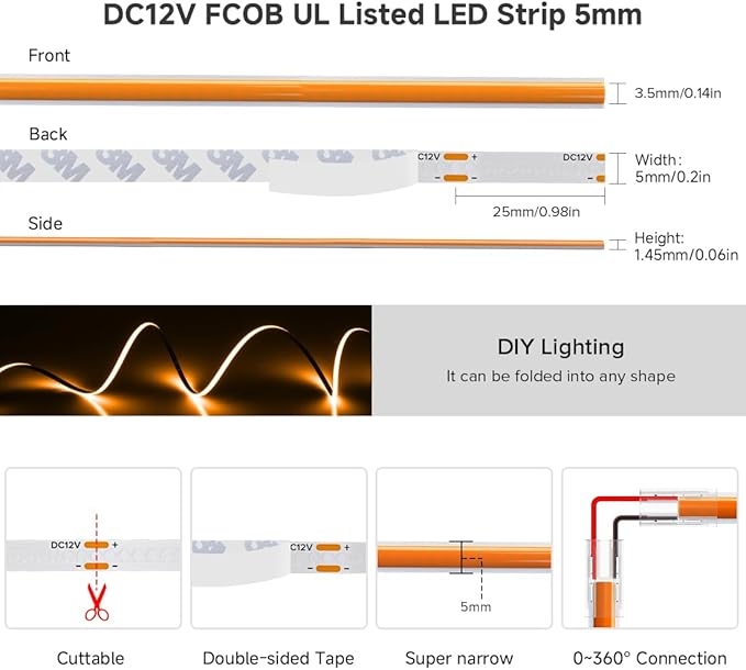 BTF-LIGHTING FCOB COB LED Strip Orange Color 5mm Width UL Listed Super Narrow Flexible Uniform Light DC12V 16.4FT CRI 90+ Dimmable LED Ribbon for Bedroom Home Indoor Decor(No Adapter or Controller)