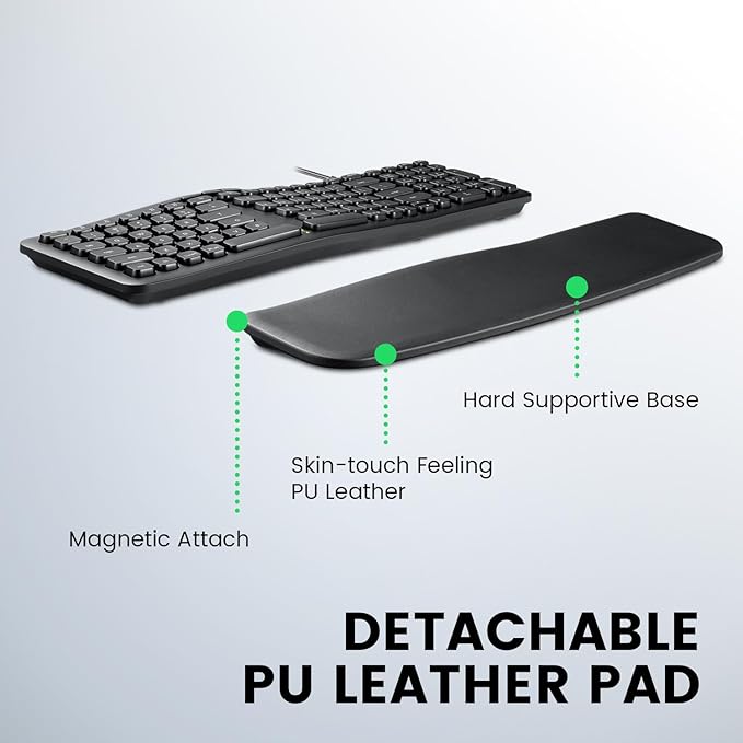 Perixx PERIBOARD-536B US, Wired Ergonomic Compact USB Keyboard - 16.34 x 5.71 x 1.61 inches Dimension - Build-in Number Pad - Detachable Wrist Rest - Silent Typing - Black