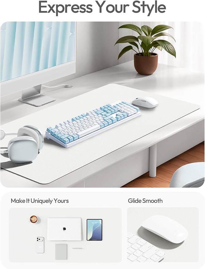 YSAGi Leather Desk Protector, Office Mat, Large Mouse Mat, Non-Slip PU Leather Blotter, Laptop Desk Pad, Waterproof Writing Pad for Office and Home (White, 47.2" x 23.6")