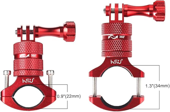 HSU Bike Handlebar Mount for Gopro Hero 13/12/11/10/9/8/7/6/5/4 AKASO Campark Osmo Action 3/4 and Other Action Cameras, 360 Degrees Rotary Motorcycle Mount (Red)