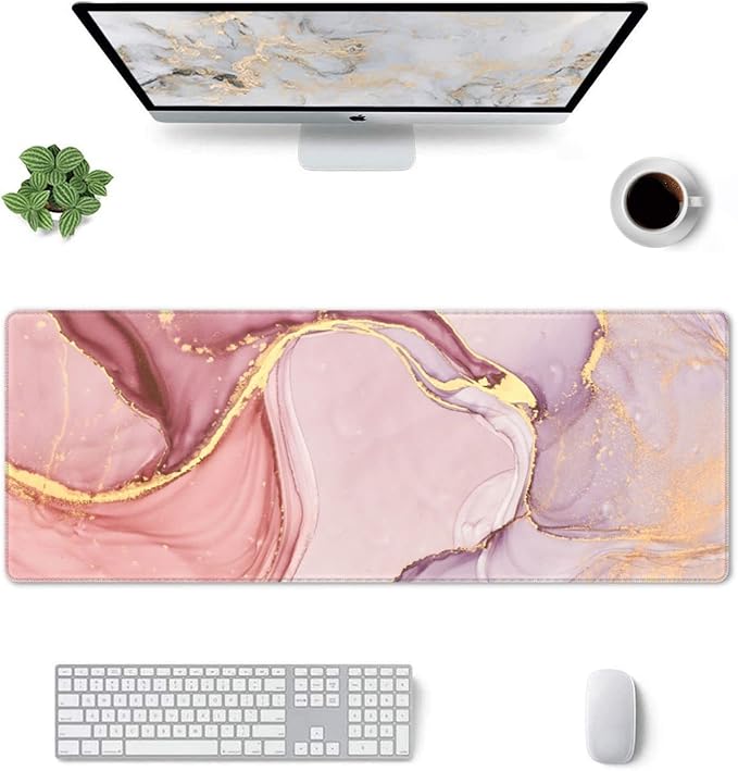 Rose Gold Marble Mouse Pad Abstract Pink Desk Mat 31.5x11.8 Inch Marbled Texture Non-Slip Rubber Base Large Rose Gold Mousepad Stitched Edges Keyboard Mouse Mat Desk Pad for Office Home Game