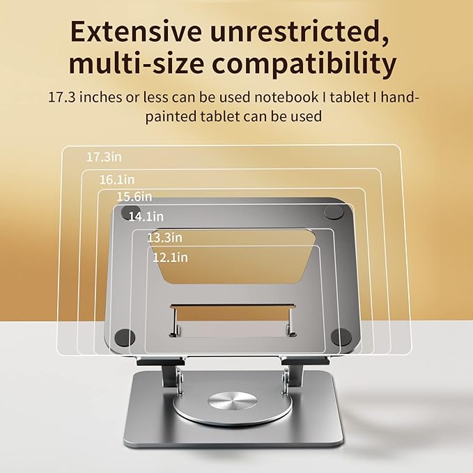 Rotating Laptop Stand, 360° Angle Swivel, Height Adjustable for Neck/Shoulder Health, Solid Aluminum Base, Fits 10"-17" Laptop & Tablet (Silver)