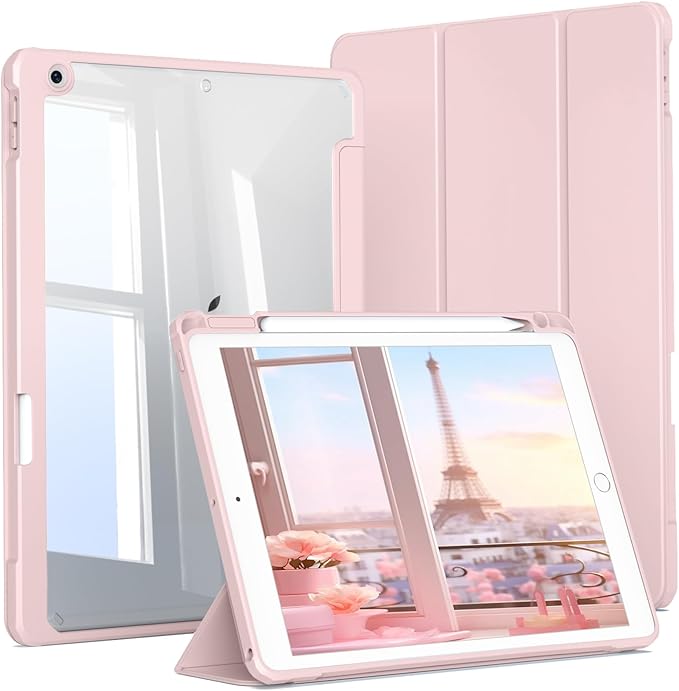 JKSML Case for iPad 9th/8th/7th Generation 10.2 Inch, Case with Pencil Holder for iPad 9/8/7 2021/2020/2019, Hard Back Cover, Auto Wake/Sleep, Pink