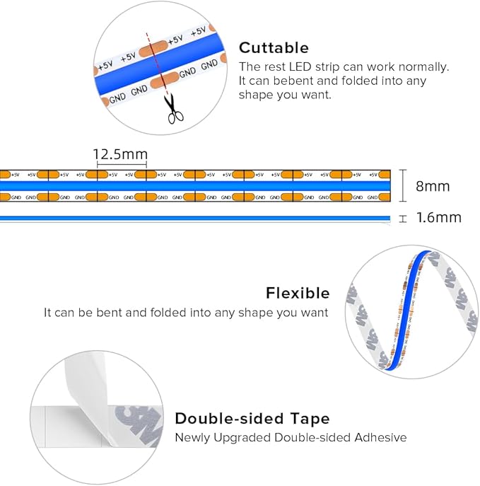 BTF-LIGHTING FCOB COB FOB LED Strip Lights 5V USB Powered 6.56FT 640LEDs Blue Color 8mm Width Dimmable CRI 90+ with 3M Tape Flexible High Density for 3D Printer TV Backlight PC DIY Decor
