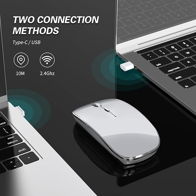 Halpilt Wireless Mouse Chargeable Portable Silent USB and Type-C Dual Mode Wireless Mouse 3 Adjustable DPI for Laptop, Mac, Android, PC (Q23S Black) (Grey)