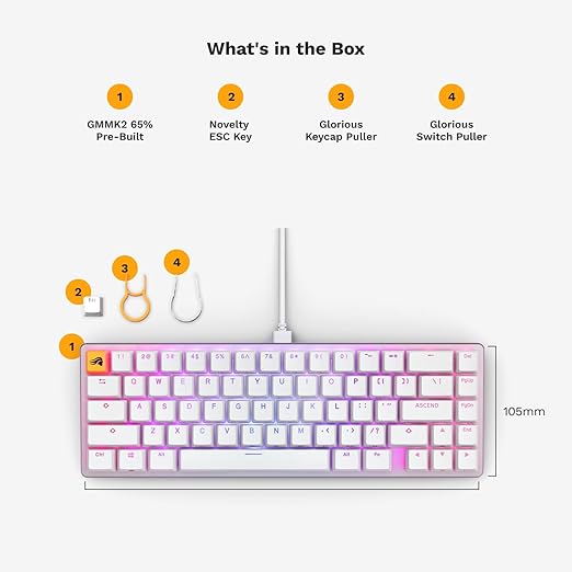 GLORIOUS Gaming GMMK 2-65 Percent Keyboard - White Custom Layout - Compact Low-Profile - Hotswap w/Cherry Mx Style Switches - Incl. Double Shot Keycaps & Linear Switches