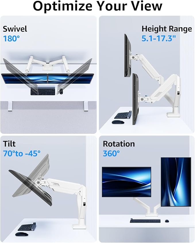 Dual Monitor Stand fits up to 32 inch, 4.4-22 lbs Computer Screens, Dual Monitor Desk Mount Height Adjustable, Monitor Arms for 2 Monitors, Home Office VESA Mounts, Freelift White