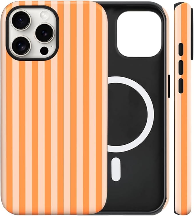 Magnetic for iPhone 15 Case Cute Stripes Phone Case, Shockproof Slim TPU and Hard PC Protective Phone Cover Compatible with MagSafe Designed for Women Girls, Orange