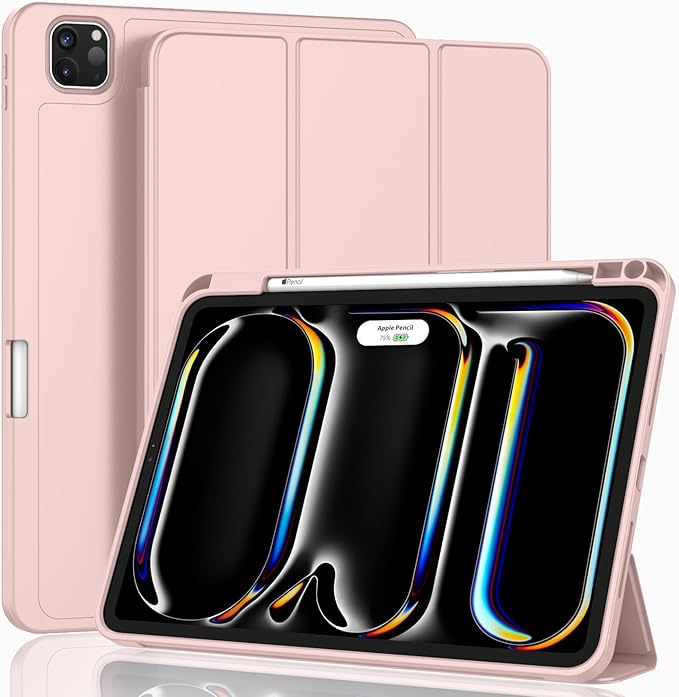 ZryXal New iPad Pro 13 Inch Case (M5) 2025 / (M4) 2024 with Pencil Holder, Smart iPad Case [Support Pencil Pro and Pencil (USB-C)], Support Touch ID and Auto Wake/Sleep (Rose Pink)