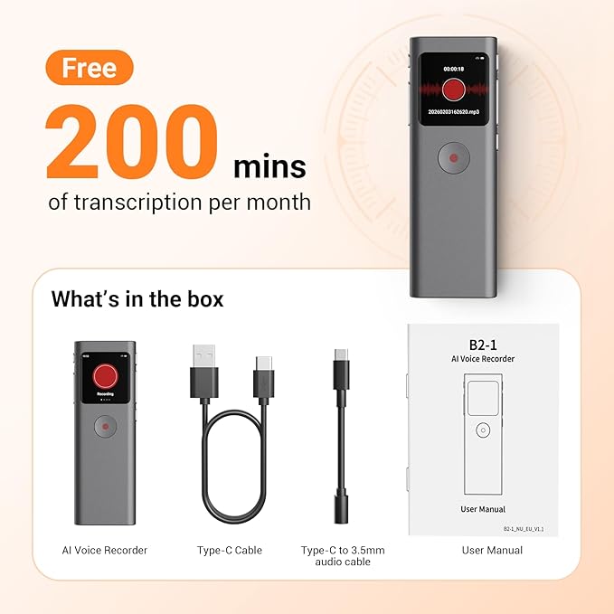 AI Digital Voice Recorder with Transcribe & Summarize, AI Note Taker for Meeting & Lectures, Voice Activated Recorder with Playback, Supports 90+ Languages Recording Device, Portable Tape Recorder