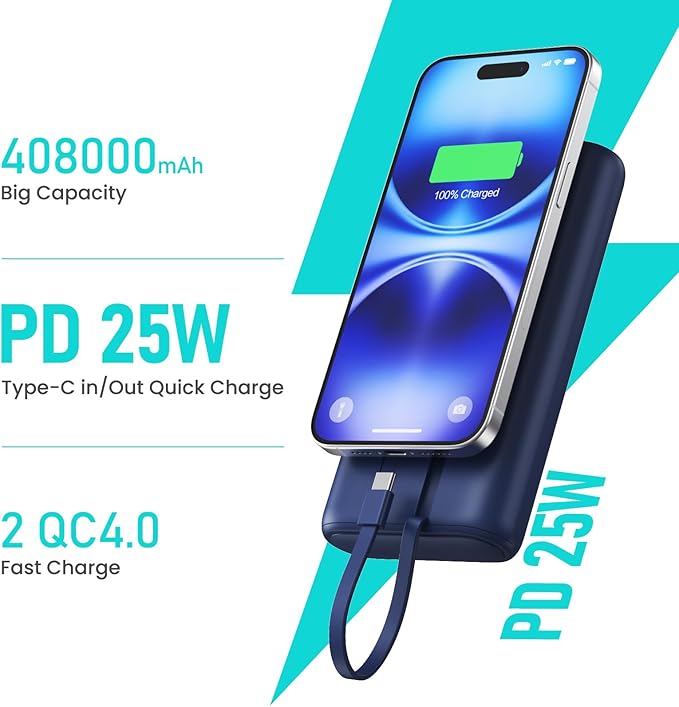 Feob Portable Charger 40800mAh Power Bank with Built-in Cables,25W PD USB C Fast Charging Battery Pack,5 Outputs Dual Input Backup Charger for iPhone 17/16/15/14/13/12,Galaxy S24 Android Phone etc