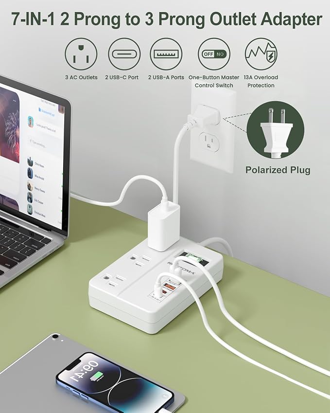 PD 30W 2 Prong Power Strip with USB-C, ROOTOMA 2 Prong to 3 Prong Outlet Adapter with Switch on Off, 3 Outlet & 4 USB Ports, 3 Prong Adapter 4ft, for Polarized Three Prong Adapter Plug, White