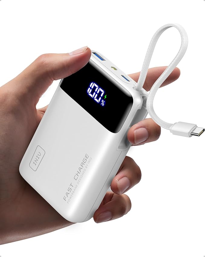 INIU 20000mAh Power Bank, Smaller 45W PD Fast Charging Portable Charger, Battery Pack with Build in USB C Cable, Travel Phone Flight-Safe Powerbank for iPhone 17 16 Samsung S26 Google iPad, White