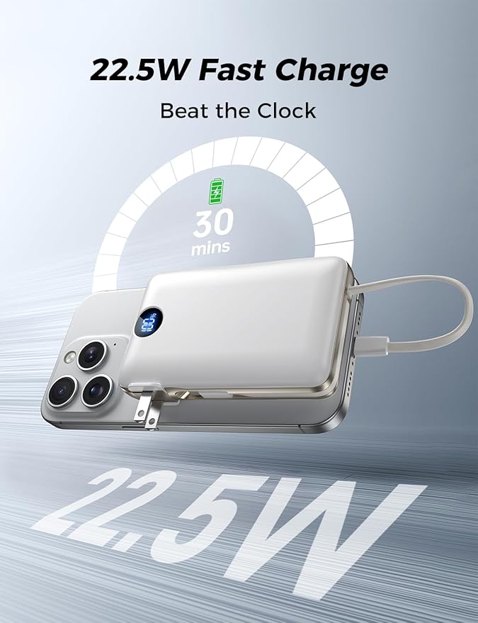 Power Bank, 50000 mAh Portable Charger with Built in Cable & Wall Plug, 22.5W Fast Charging, Travel Essential Battery Pack with LED Display for iPhone 17/16/15/14 Series, Galaxy, iPad White