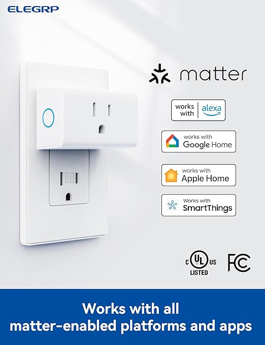 ELEGRP Matter Supported Mini Smart Plug, Smart Outlet 15A/1800W Max, Compatible with Apple Home, Siri, Alexa, Google Home, SmartThings, Compact Design, UL Certified, 2.4G Wi-Fi Only, White, 4 Pack