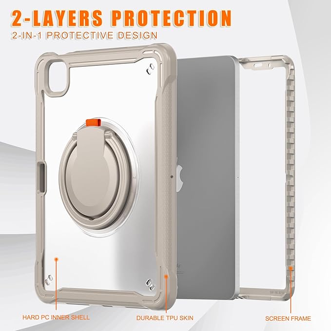 Batianda for iPad Pro 11 inch Case 2025 M5 2024 M4 Chip Lightweight Dual-Layer Protective Tablet Cover, Durable Shock-Absorbing Corners with 360° Rotating Kickstand Ring Built-in Pen Slot, Khaki