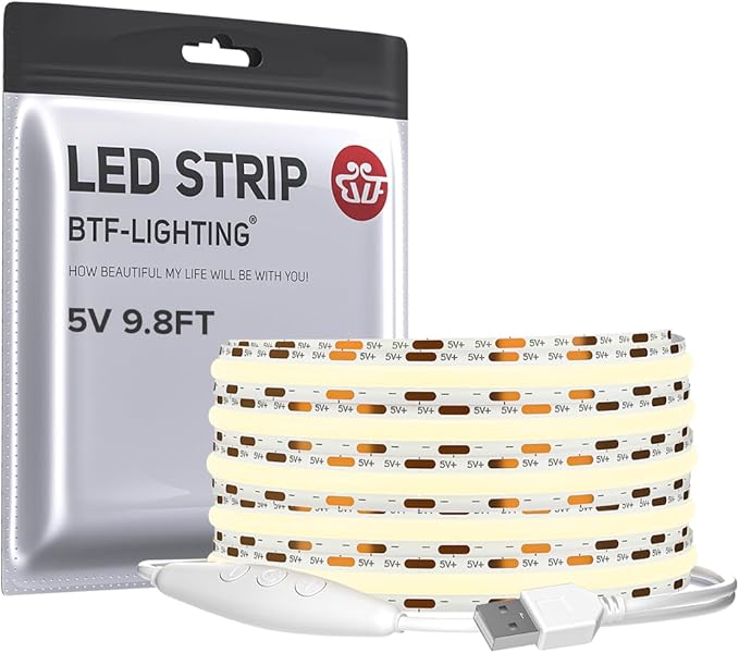 BTF-LIGHTING FCOB COB FOB LED Strip Lights 5V USB Powered 9.8FT 960LEDs Natural White 4000K 8mm Width Dimmable CRI 90+ with 3M Tape Flexible High Density for 3D Printer TV Backlight PC DIY Decor