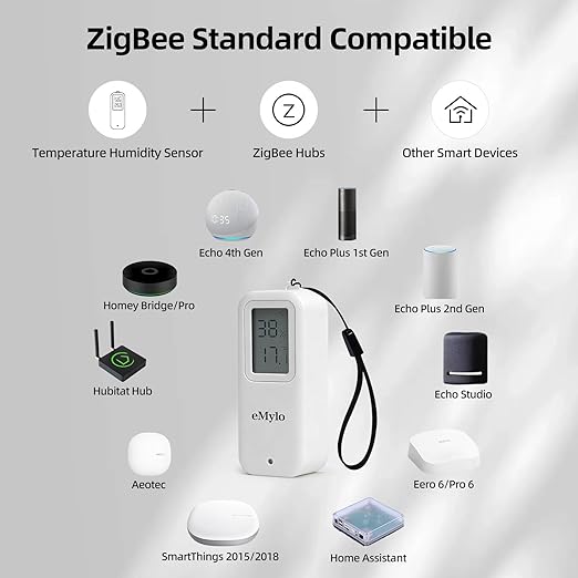 eMylo Zigbee Temperature Humidity Sensor, IP65 Waterproof LED Smart Thermometer Hygrometer for Home Automation, Remote Monitoring, Hub Required, Compatible with Echo Devices with Zigbee Hub Built-in