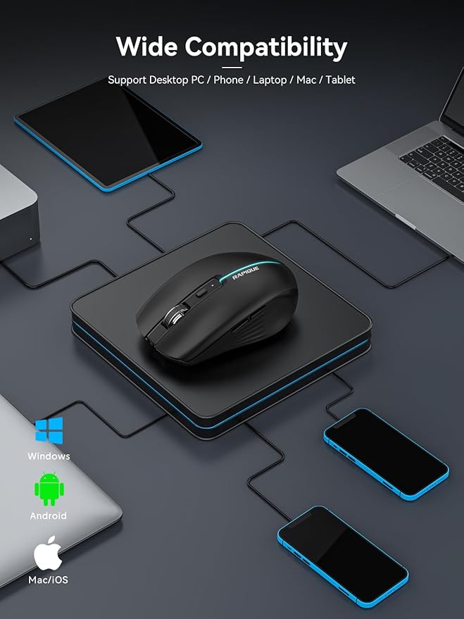 RAPIQUE Bluetooth Wireless Mouse - (BT1/BT2+USB) Tri-Mode High Performance, Rechargeable, Quiet Click, Multi-Device Compatibility for Laptop, Computer, MacBook, Tablet, PC (Black)