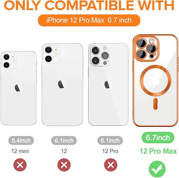 Hython Magnetic Clear for iPhone 12 Pro Max Case with Camera Lens Protector [Compatible with MagSafe] Plating Edge Slim Soft TPU Cover Protective Phone Case for iPhone 12 Pro Max 6.7", Matte Orange