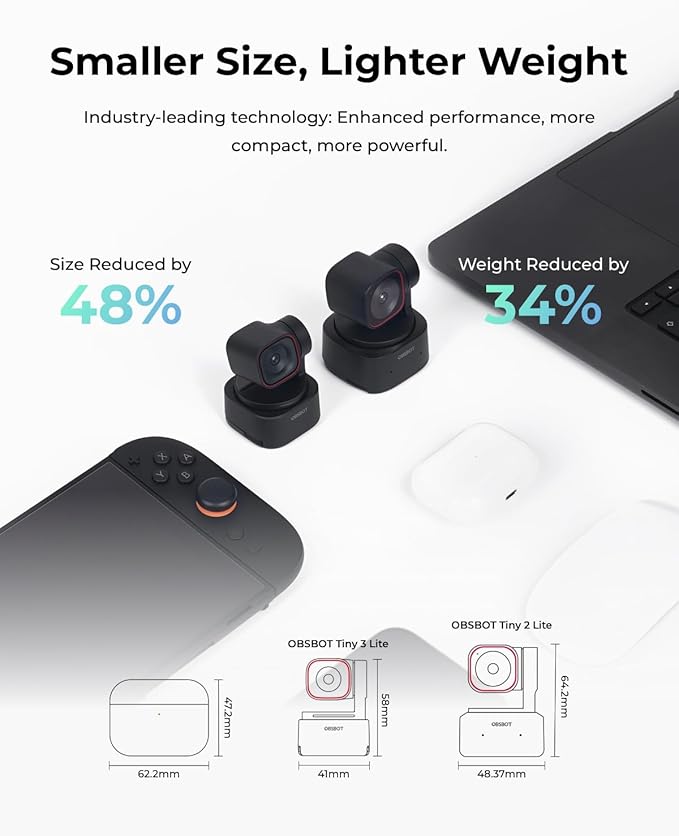OBSBOT Tiny 3 Lite AI-Powered Spatial Audio 4K Webcam, 1/2" Sensor Tri-Mic Voice Control Gesture Control HDR Webcam for PC Laptop Zoom Meeting